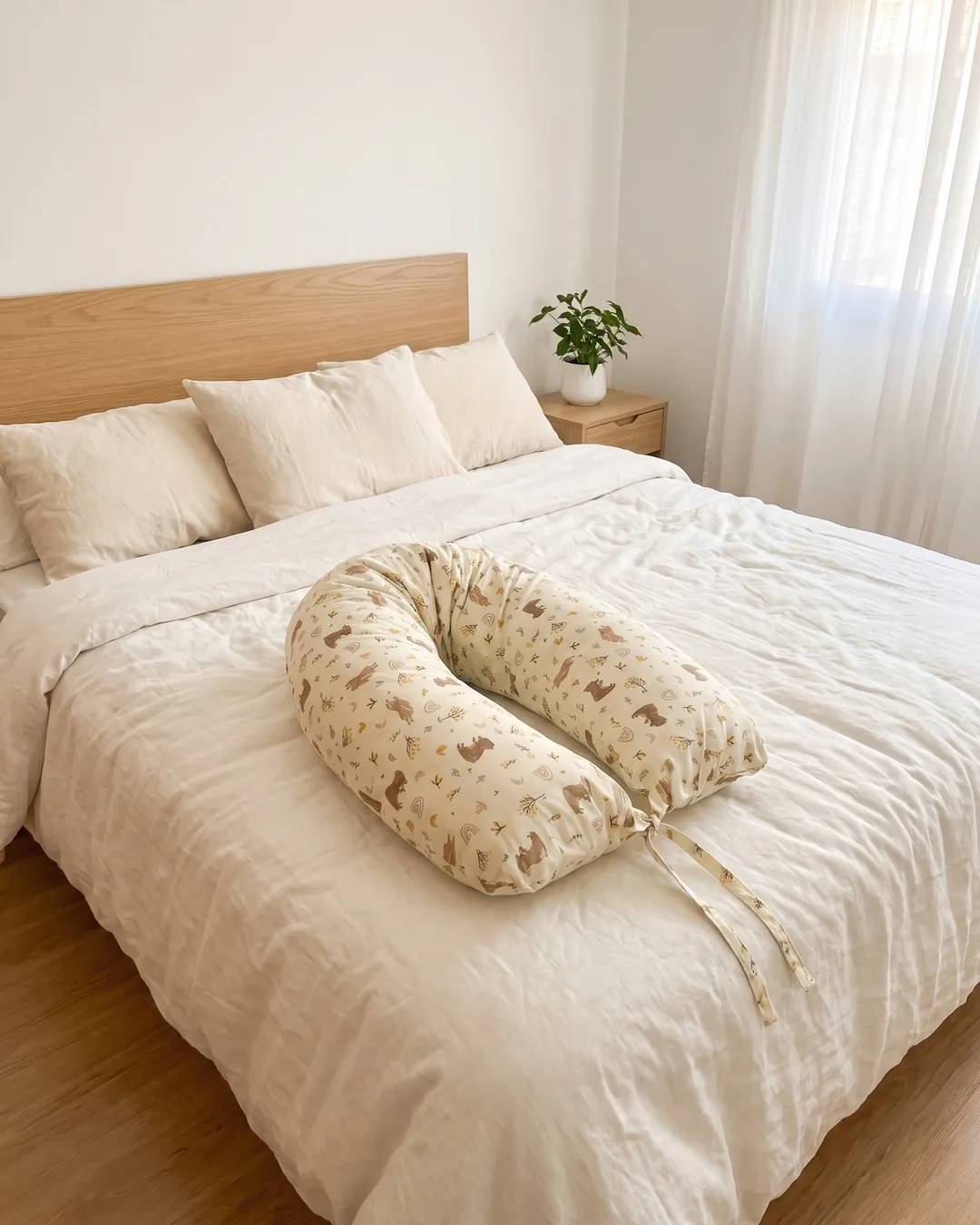 Almohadón de lactancia en forma de U con estampado de ositos y conejos sobre una cama con sábanas claras.