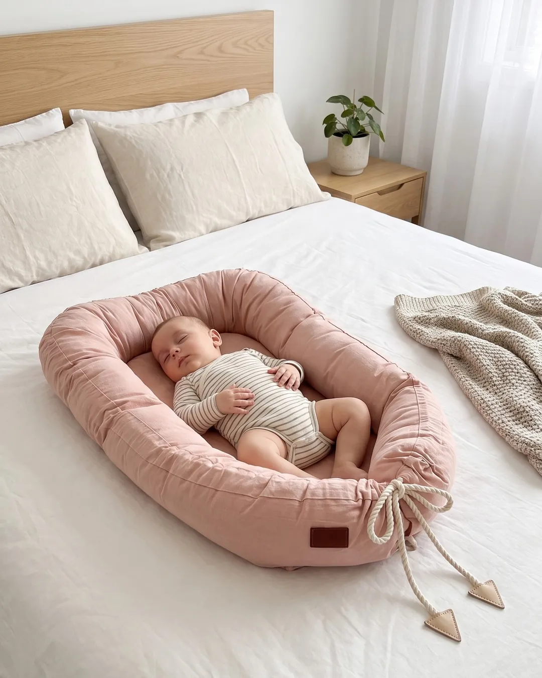 Bebé durmiendo boca arriba, con body a rayas, dentro de un nido de contención rosa viejo sobre una cama doble.